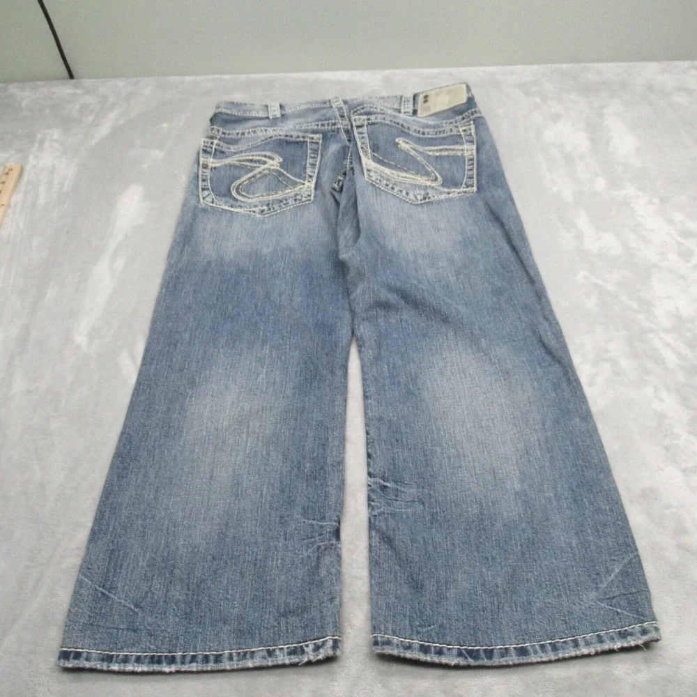 Silver Baggy Jeans Mens 34x26 Gordie Relaxed Faux Selvedge Fade Whisker Wide Leg